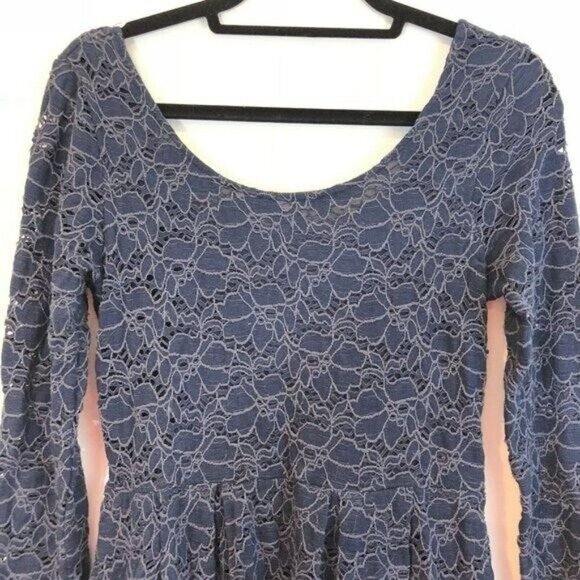 Free People Size S Navy Rose Garden Floral Lace Dress Fit n Flare 3/4 Sleeve - Picture 9 of 13